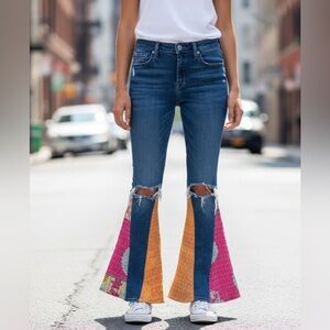 7 For All Mankind Blue Flare Jeans with Pink and Orange Panels